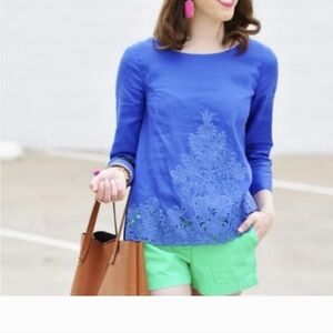 J. Crew blue embroidered linen 3/4 sleeve top style C5233 size 4